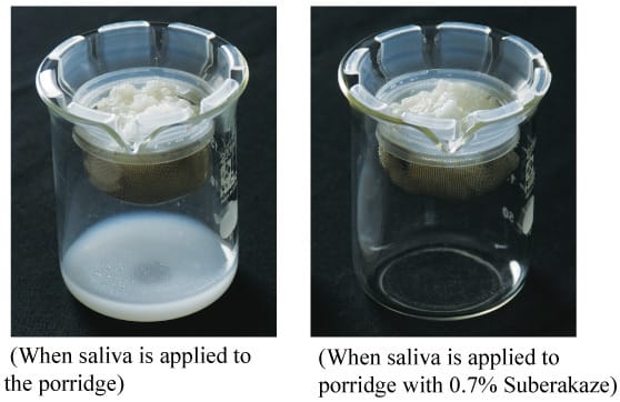 When saliva is applied to the porridge, a white liquid starts to dissolve. When saliva is applied to porridge with 0.7% Suberakaze, the liquid does not dissolve.