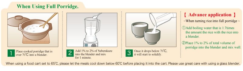 When Using Full Porridge. Place cooked porridge that is over 70℃ into a blender. Add 1% to 2% of Suberakaze into the blender and mix for 1 minute. Once it drops below 70°C, it will start to solidify. When using a food cart set to 65°C, please let the meals cool down below 60'C before placing it into the cart. Please use great care with using a glass blender.