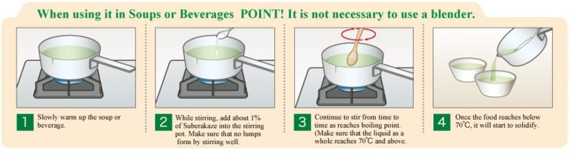 When using it in Soups or Beverages POINT! It is not necessary to use a blender.: Slowly warm up the soup or beverage. While stirring, add about 1% of Suberakaze into the stirring pot. Make sure that no lumps form by stirring well. Continue to stir from time to time as reaches boiling point. (Make sure that the liquid as a whole reaches 70°C and above.) Once the food reaches below 70°C, it will start to solidify.