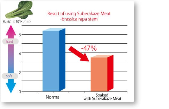 Result of using Suberakaze Meat on brassica rapa stem. 47% softer